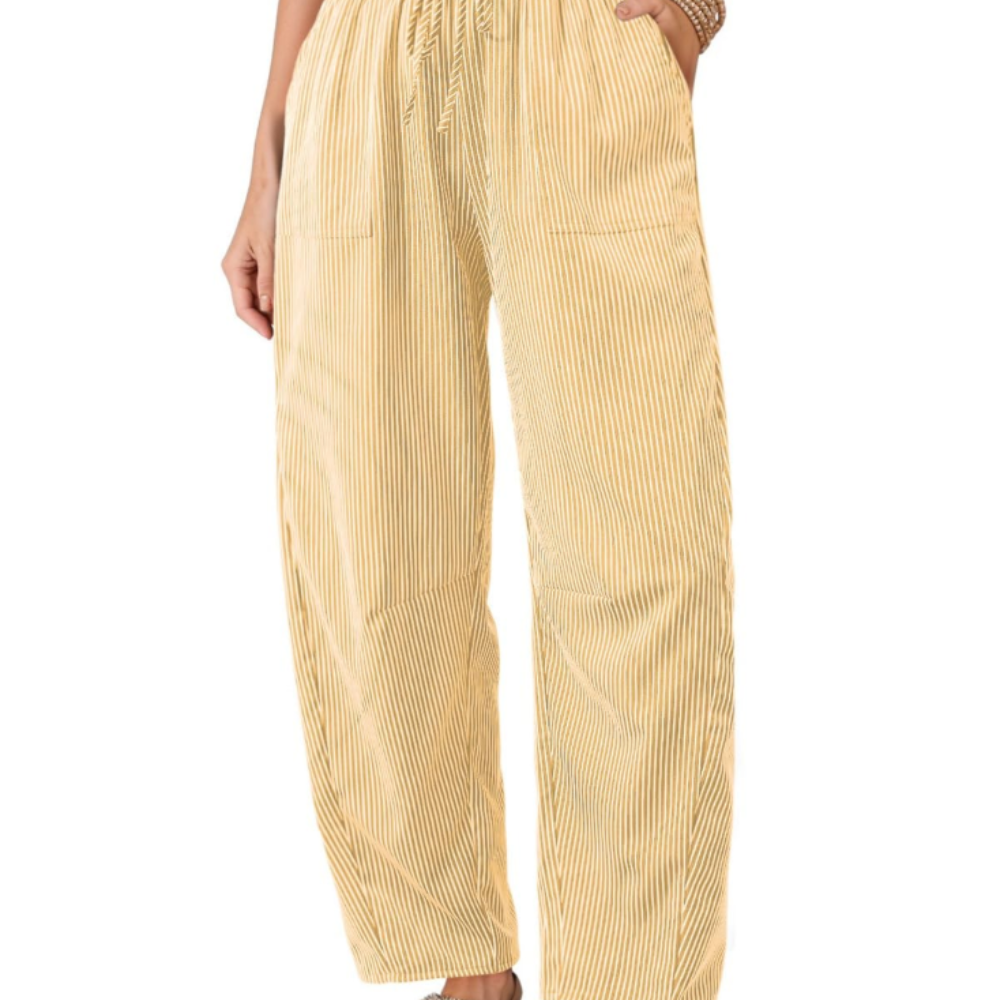 Livy Pantaloni Barrel Donna – Modello a Righe con Vita Paperbag e Tasche