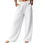 Bianca Pantaloni in Lino Donna – Modello Palazzo Wide Leg con Vita Elastico e Tasche