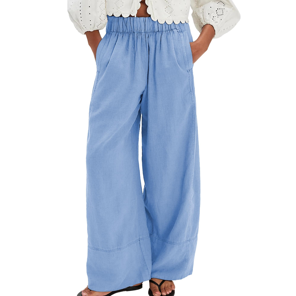 Genevieve Pantaloni in Lino Donna – Palazzo Wide Leg con Pieghe e Tasche