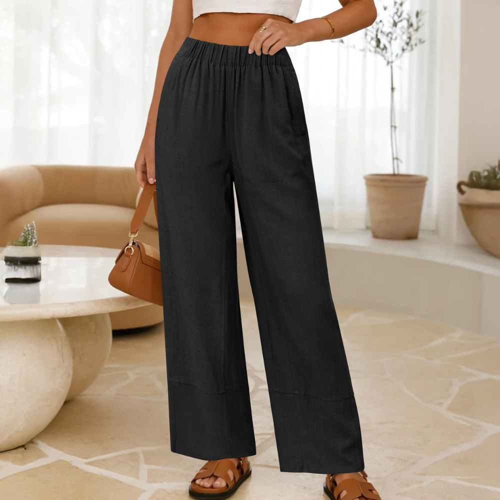 Aurora Pantaloni in Lino Donna – Modello Wide Leg con Vita Elastica e Tasche