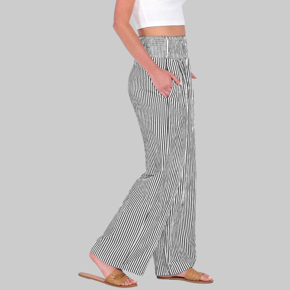 Nova Pantalones Palazzo para Mujer – Modelo de Cintura Alta con Estampado de Rayas y Bolsillos
