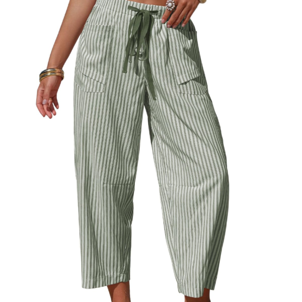 Eleanor Pantaloni Capri Donna – Modello Barrel a Righe con Coulisse e Tasche