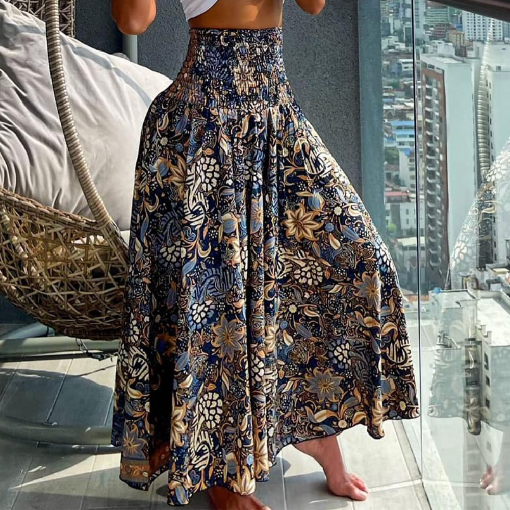 Thea Pantaloni Palazzo Donna – Modello Boho Floreale a Vita Alta