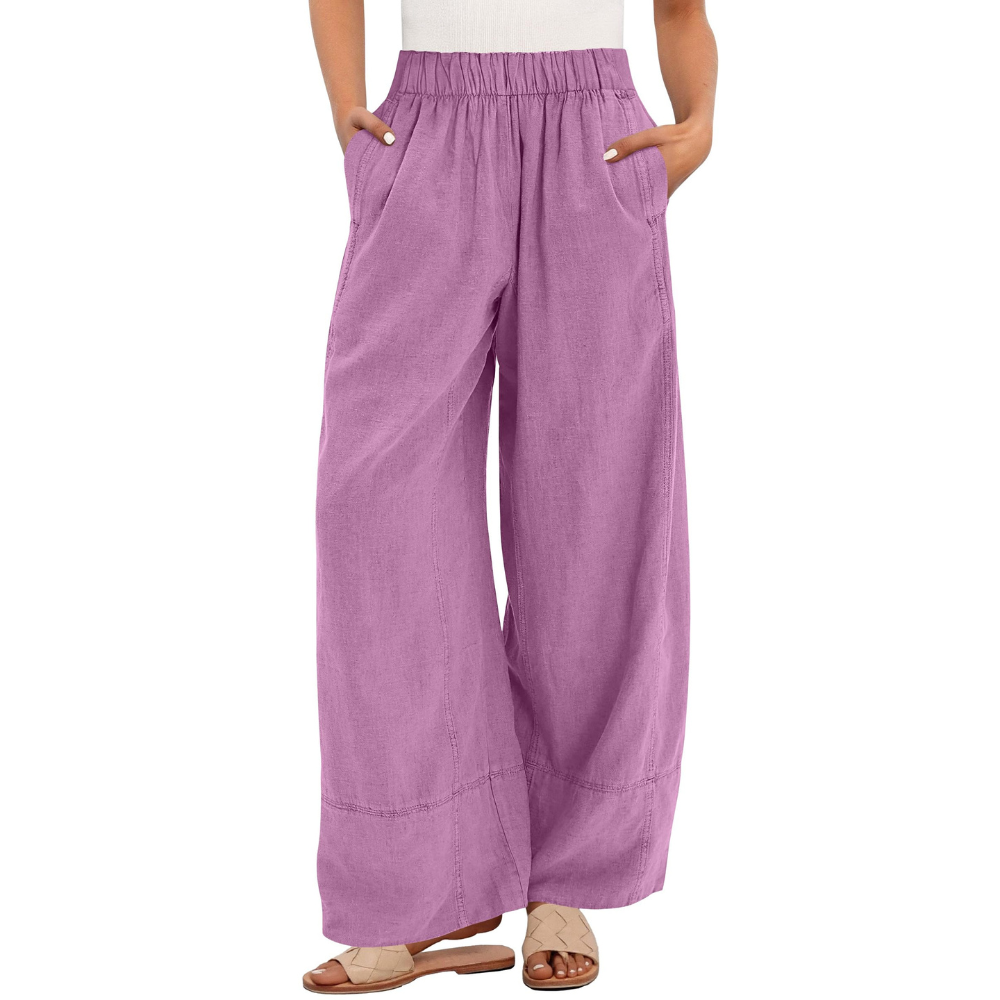 Aurora Pantaloni in Lino Donna – Modello Wide Leg con Vita Elastica e Tasche