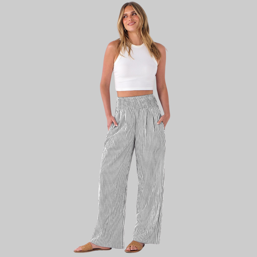 Nova Pantalones Palazzo para Mujer – Modelo de Cintura Alta con Estampado de Rayas y Bolsillos