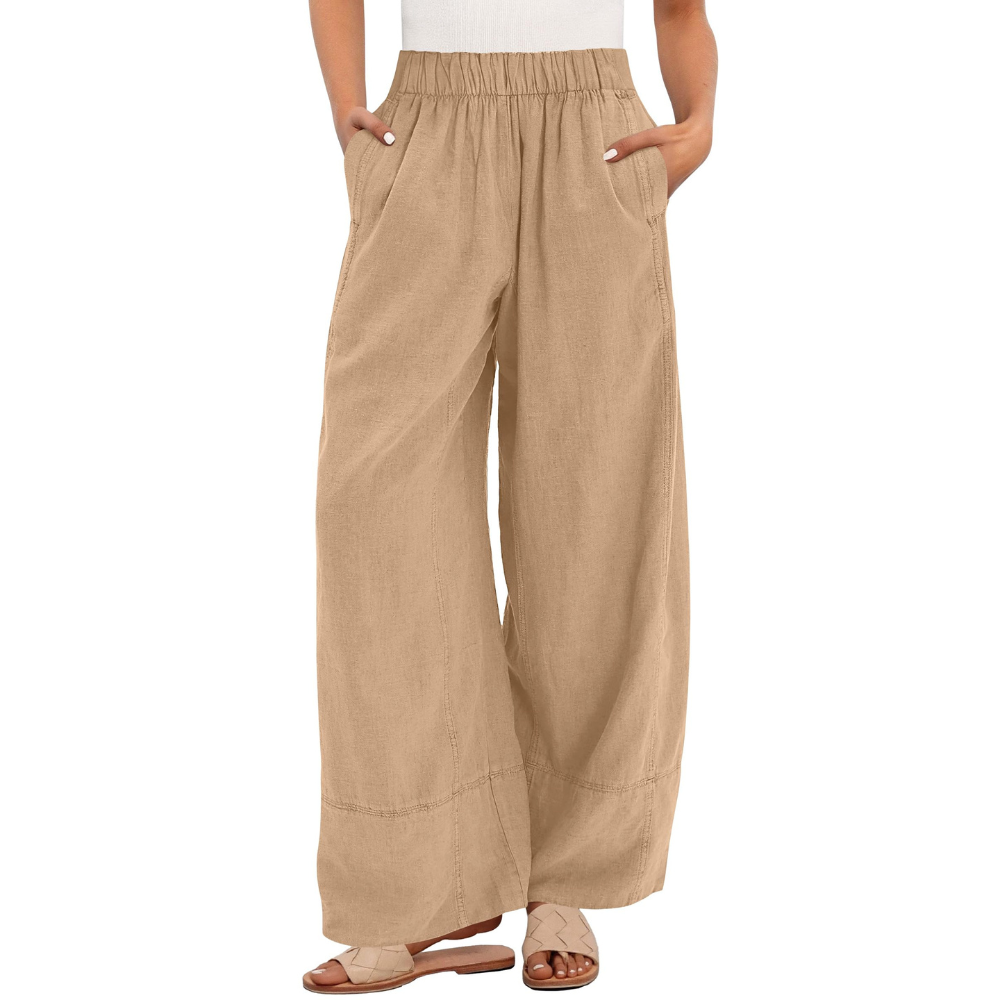 Aurora Pantaloni in Lino Donna – Modello Wide Leg con Vita Elastica e Tasche