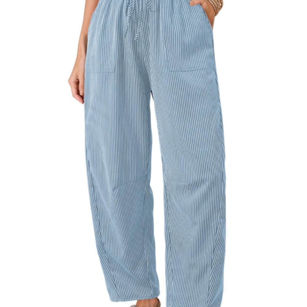 Livy Pantaloni Barrel Donna – Modello a Righe con Vita Paperbag e Tasche