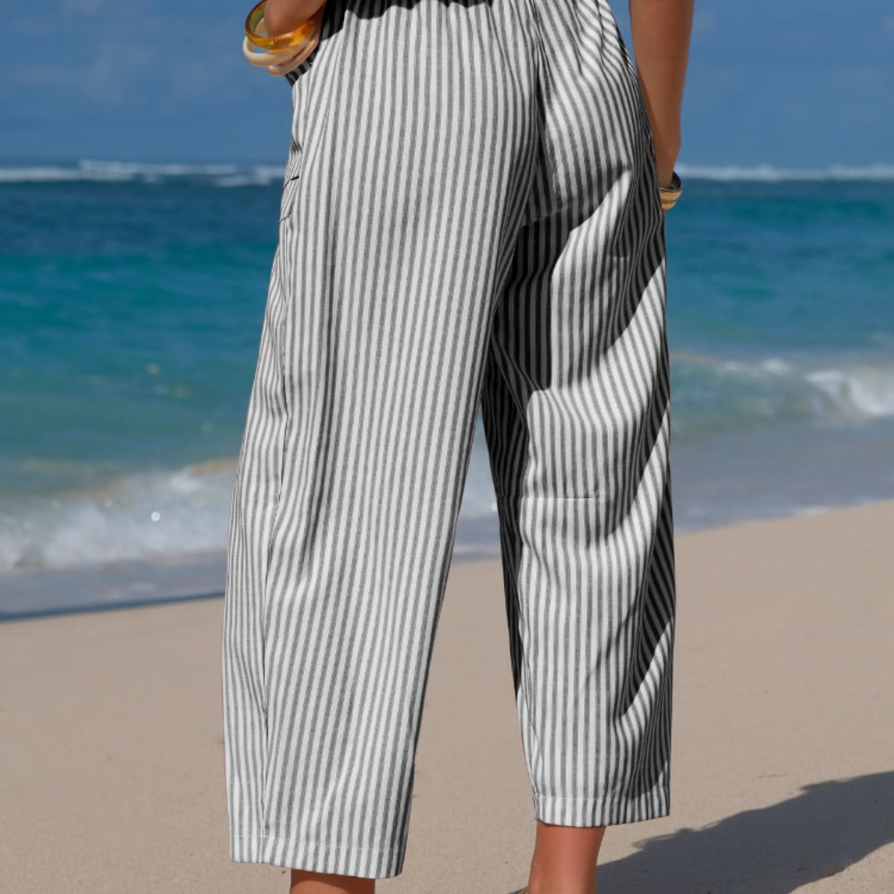 Eleanor Pantaloni Capri Donna – Modello Barrel a Righe con Coulisse e Tasche