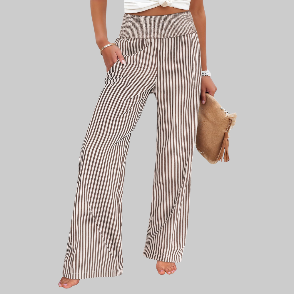 Nova Pantaloni Palazzo Donna – Modello a Vita Alta con Fantasia Righe e Tasche