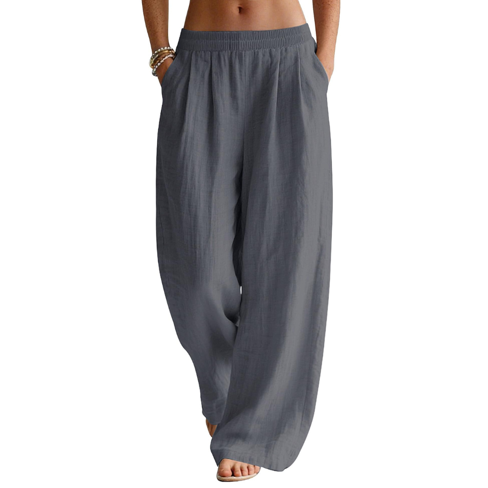 Bianca Pantaloni in Lino Donna – Modello Palazzo Wide Leg con Vita Elastico e Tasche