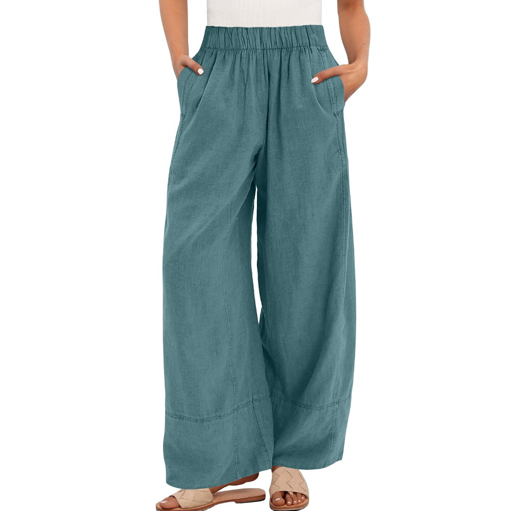 Aurora Pantaloni in Lino Donna – Modello Wide Leg con Vita Elastica e Tasche