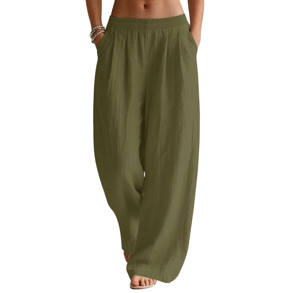 Bianca Pantaloni in Lino Donna – Modello Palazzo Wide Leg con Vita Elastico e Tasche