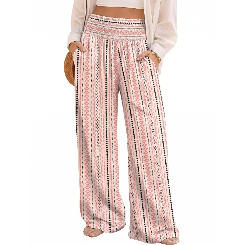 Rebecca Pantaloni Palazzo Donna – Modello Boho Floreale a Vita Smock con Tasche