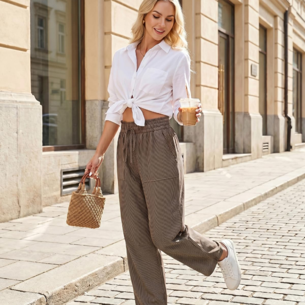 Livy Pantaloni Barrel Donna – Modello a Righe con Vita Paperbag e Tasche