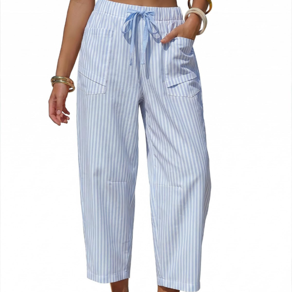 Eleanor Pantaloni Capri Donna – Modello Barrel a Righe con Coulisse e Tasche