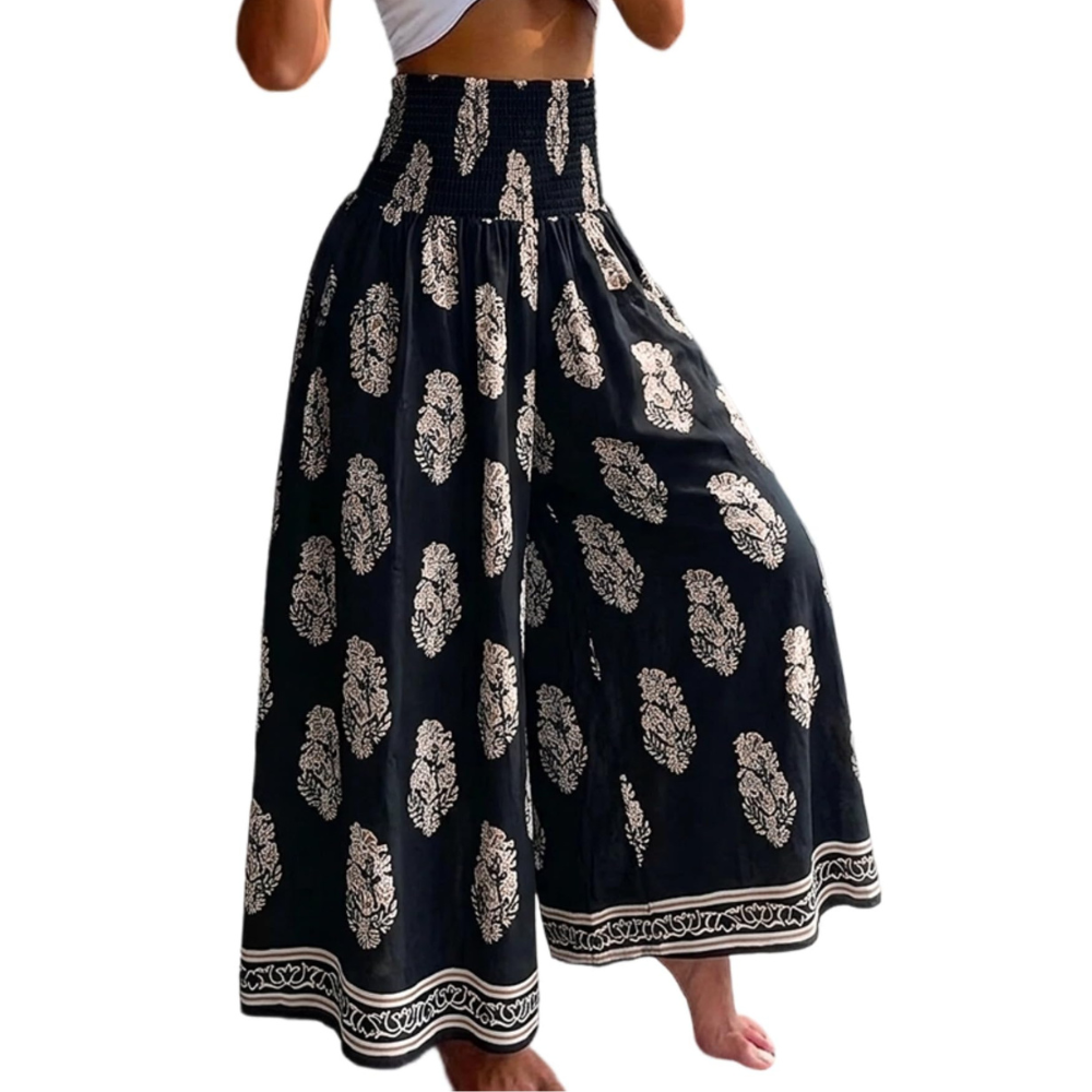 Thea Pantaloni Palazzo Donna – Modello Boho Floreale a Vita Alta
