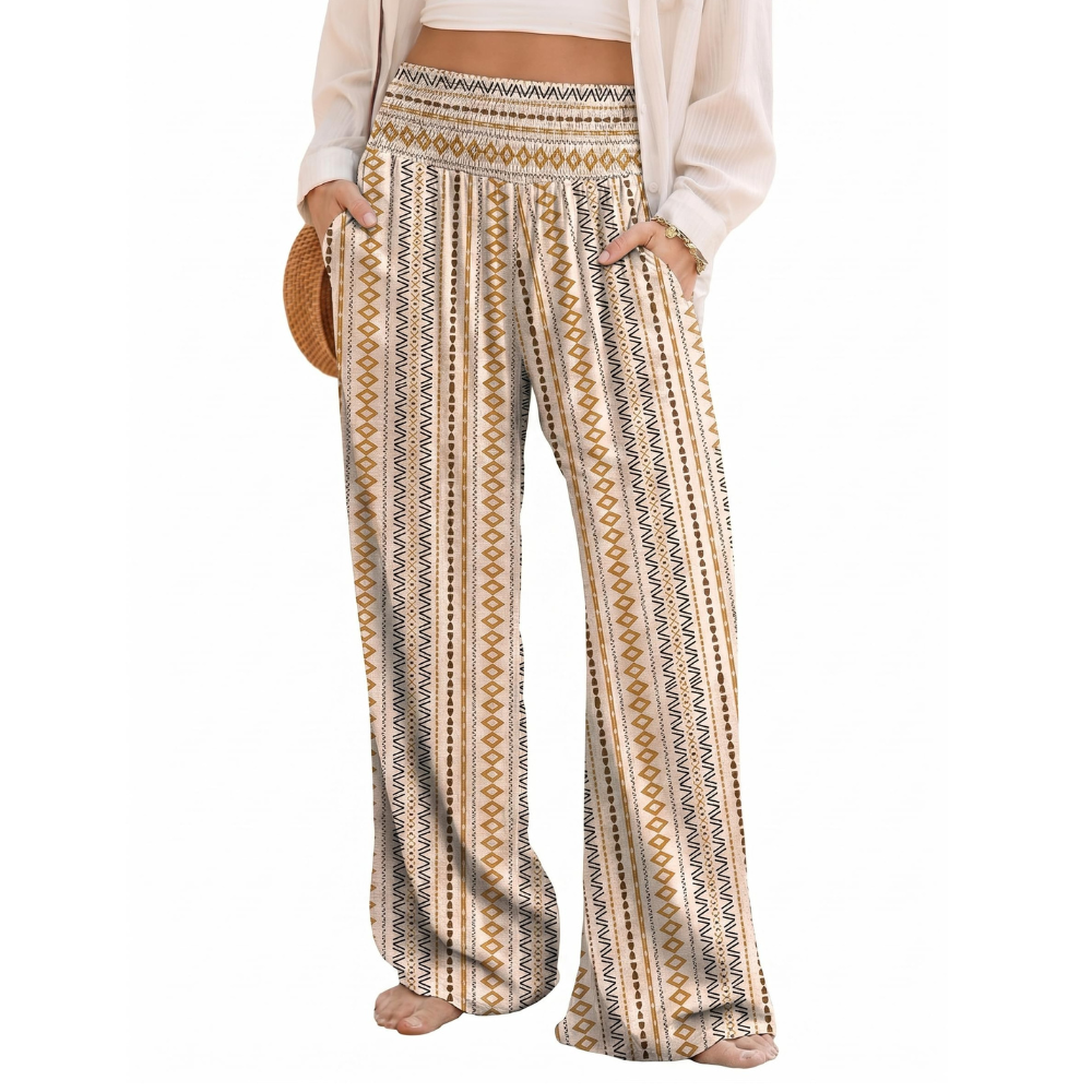 Rebecca Pantaloni Palazzo Donna – Modello Boho Floreale a Vita Smock con Tasche
