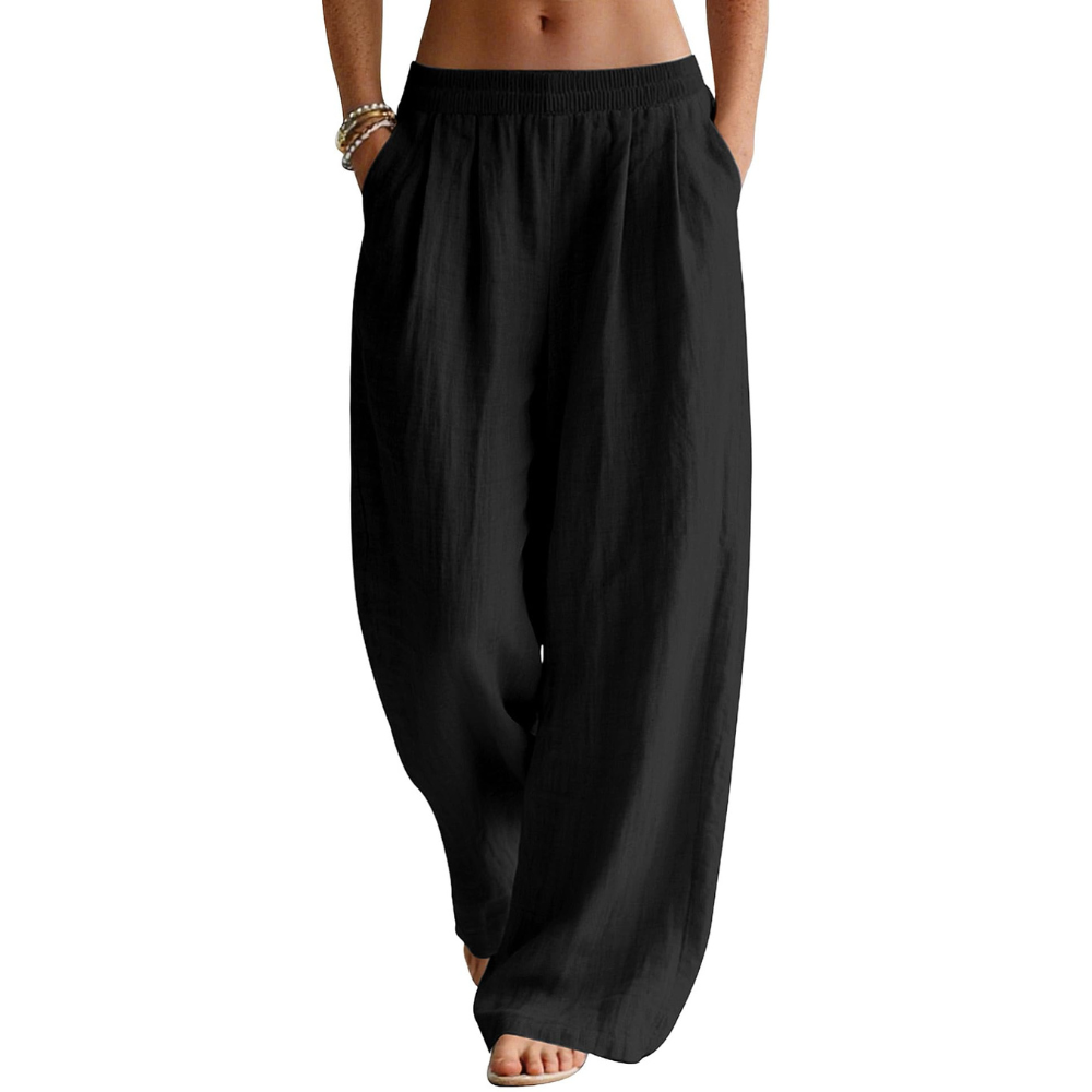 Bianca Pantaloni in Lino Donna – Modello Palazzo Wide Leg con Vita Elastico e Tasche