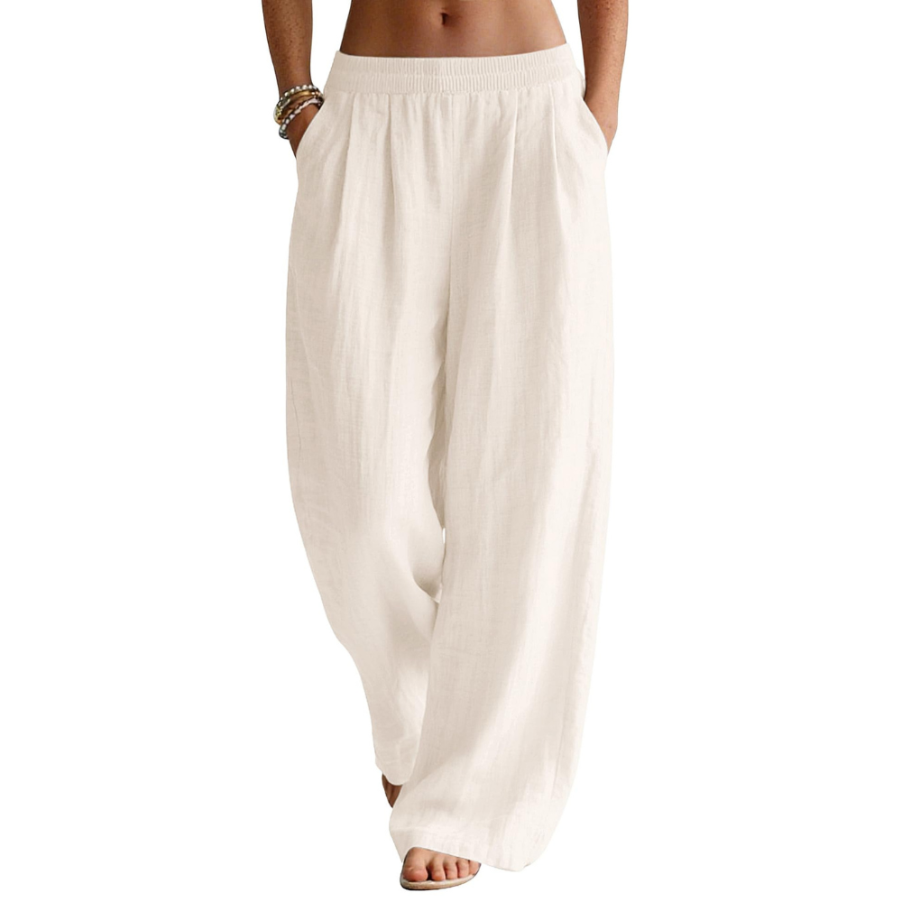 Bianca Pantaloni in Lino Donna – Modello Palazzo Wide Leg con Vita Elastico e Tasche