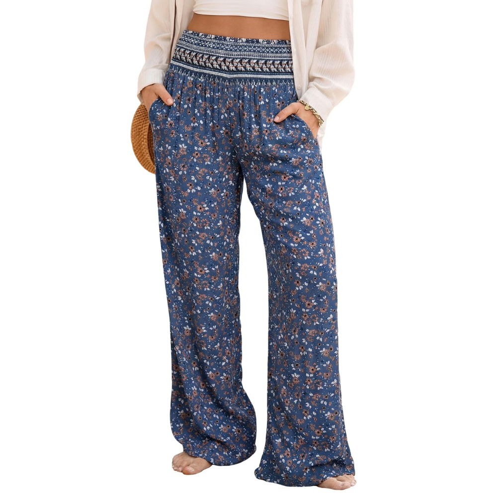 Rebecca Pantaloni Palazzo Donna – Modello Boho Floreale a Vita Smock con Tasche