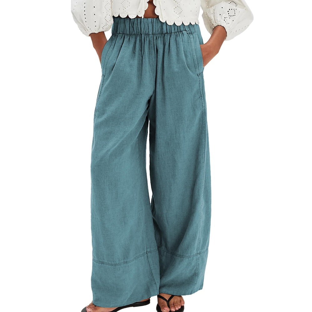 Genevieve Pantaloni in Lino Donna – Palazzo Wide Leg con Pieghe e Tasche