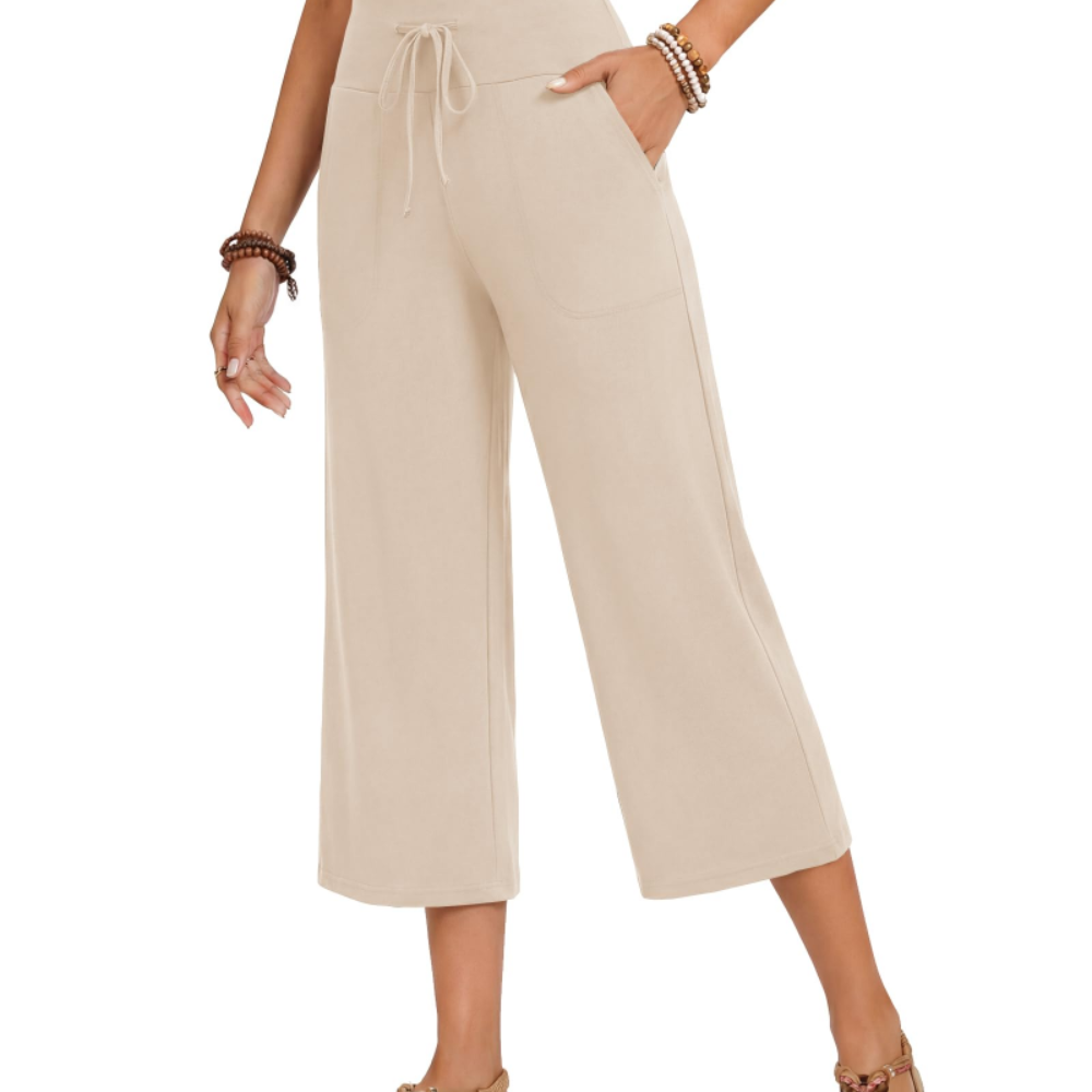 Aria Pantaloni Capri Donna – Modello Palazzo a Vita Alta con Coulisse e Tasche