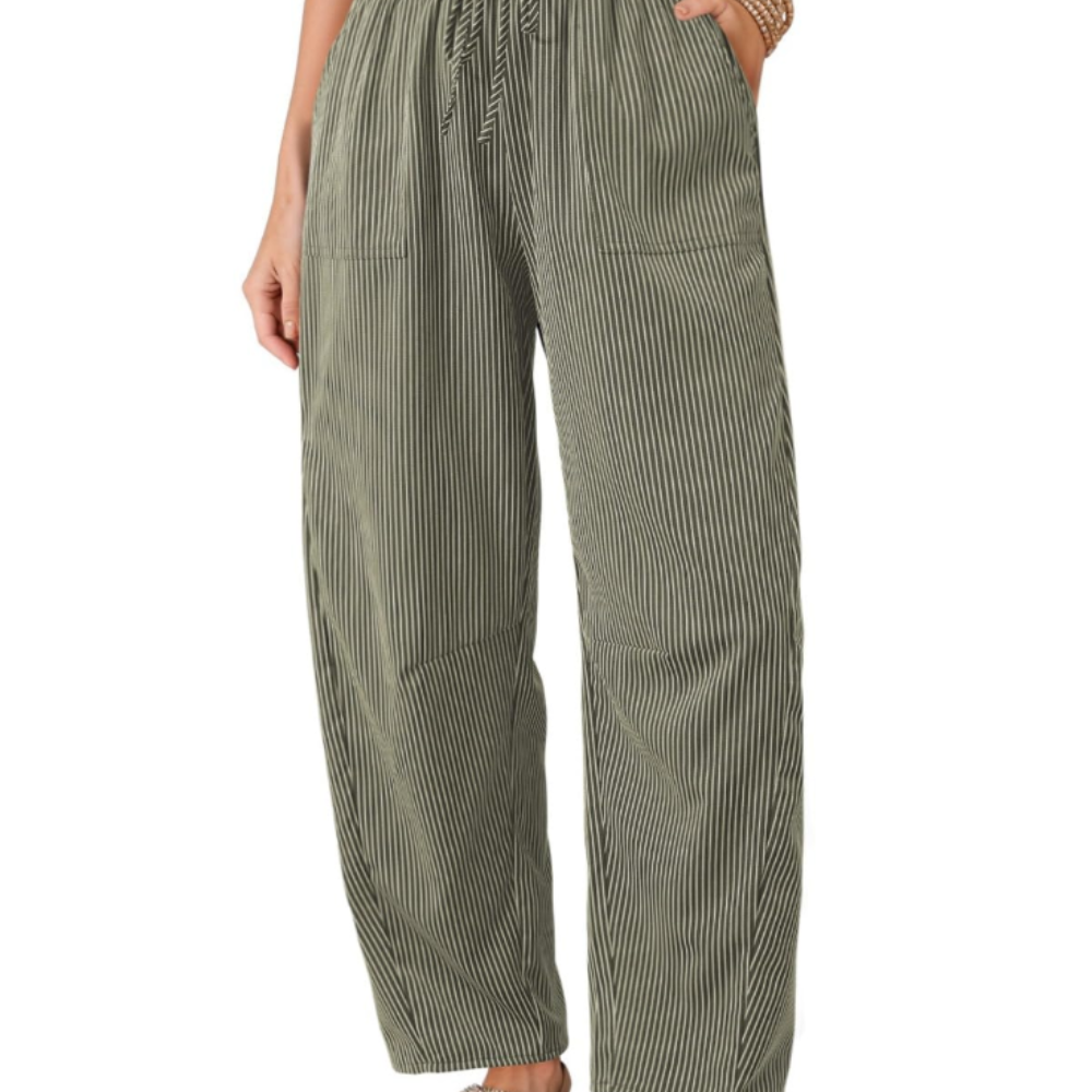 Livy Pantaloni Barrel Donna – Modello a Righe con Vita Paperbag e Tasche