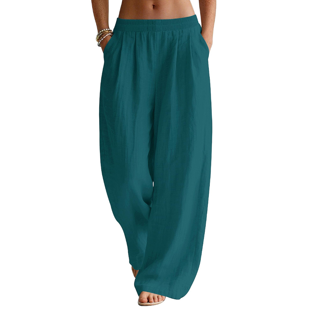 Bianca Pantaloni in Lino Donna – Modello Palazzo Wide Leg con Vita Elastico e Tasche