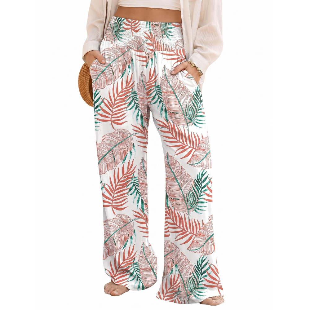 Rebecca Pantaloni Palazzo Donna – Modello Boho Floreale a Vita Smock con Tasche