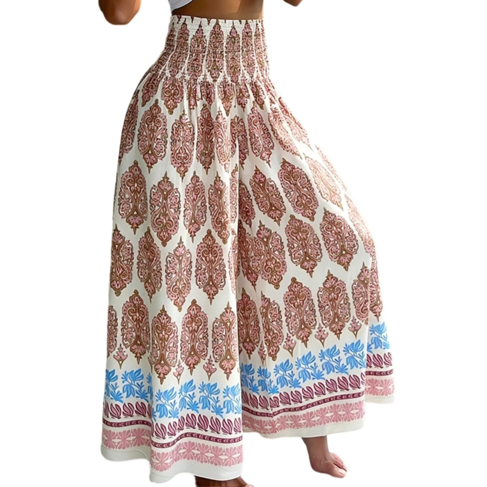 Thea Pantaloni Palazzo Donna – Modello Boho Floreale a Vita Alta
