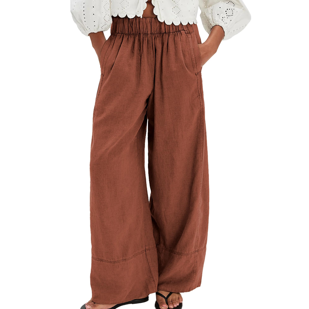 Genevieve Pantaloni in Lino Donna – Palazzo Wide Leg con Pieghe e Tasche
