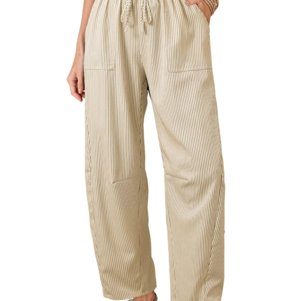 Livy Pantaloni Barrel Donna – Modello a Righe con Vita Paperbag e Tasche