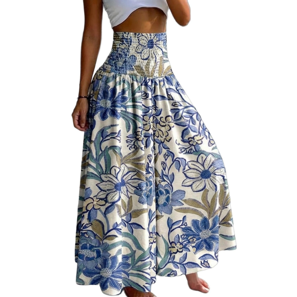 Thea Pantaloni Palazzo Donna – Modello Boho Floreale a Vita Alta