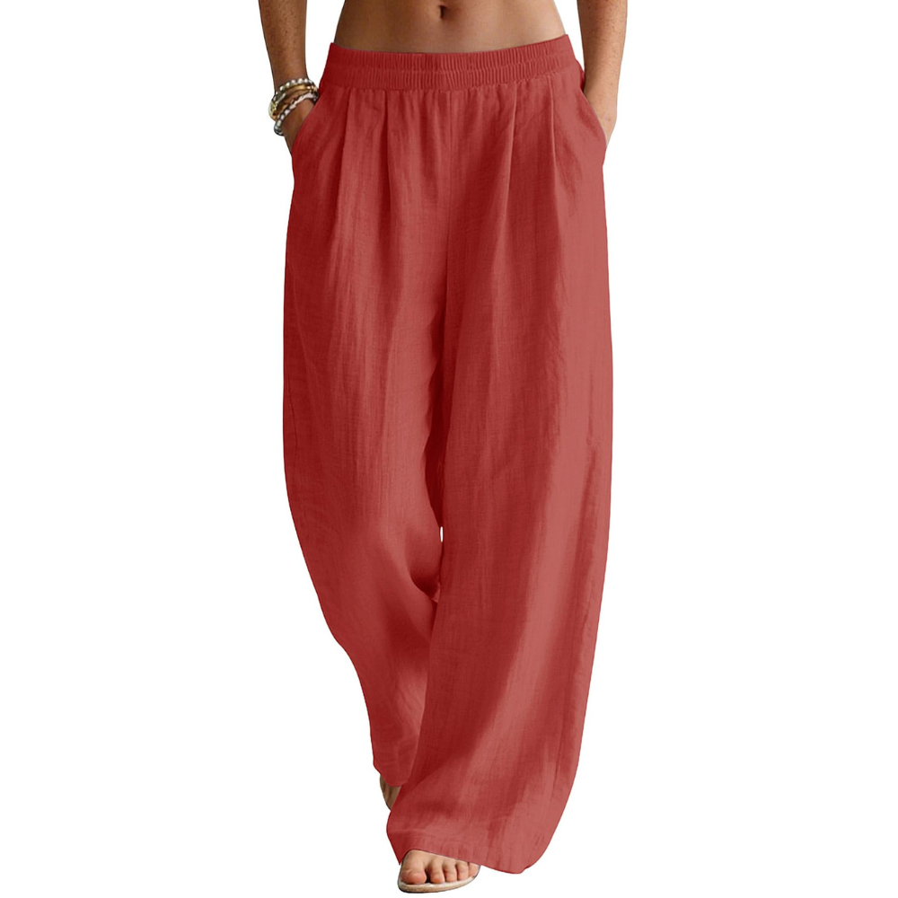 Bianca Pantaloni in Lino Donna – Modello Palazzo Wide Leg con Vita Elastico e Tasche