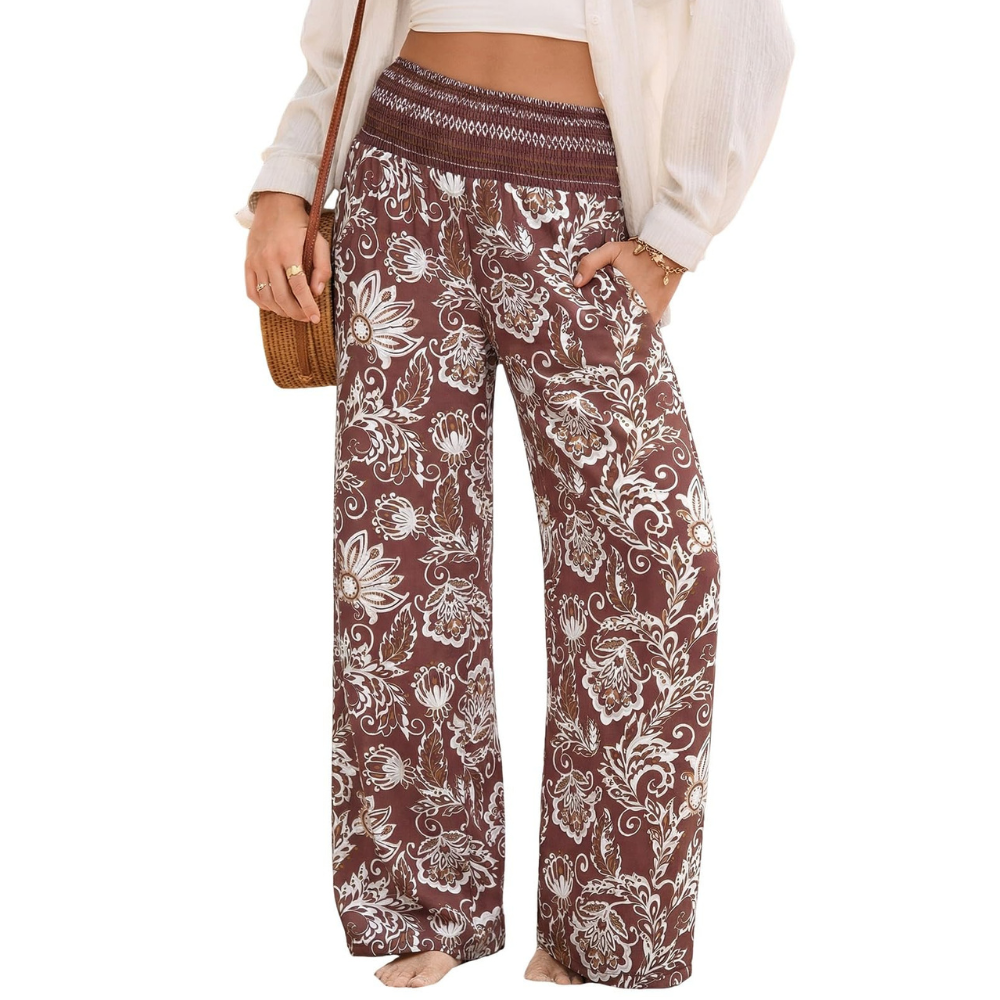 Rebecca Pantaloni Palazzo Donna – Modello Boho Floreale a Vita Smock con Tasche