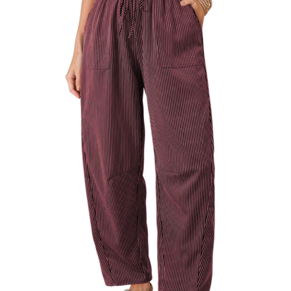 Livy Pantalon Barrel Femme – Modèle à Rayures avec Taille Paperbag et Poches