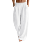 Bianca Pantaloni in Lino Donna – Modello Palazzo Wide Leg con Vita Elastico e Tasche