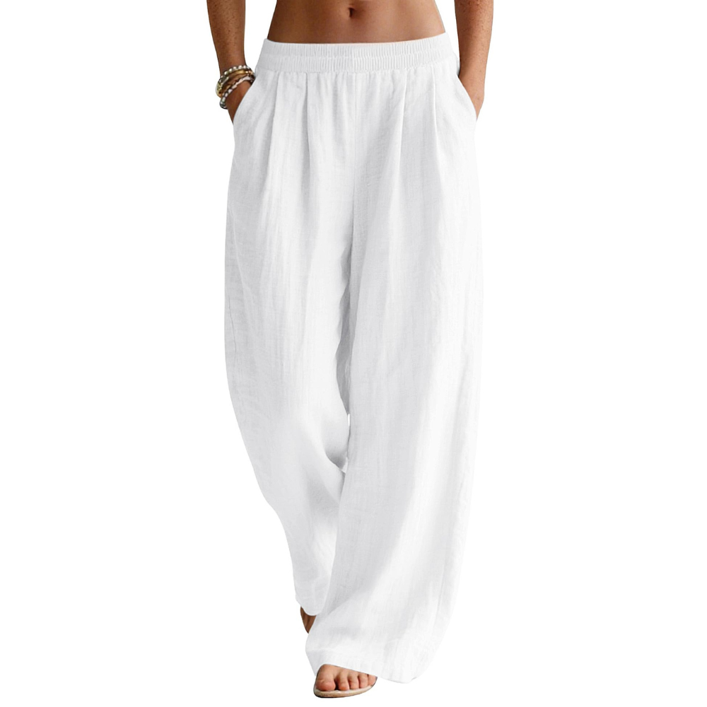 Bianca Pantaloni in Lino Donna – Modello Palazzo Wide Leg con Vita Elastico e Tasche