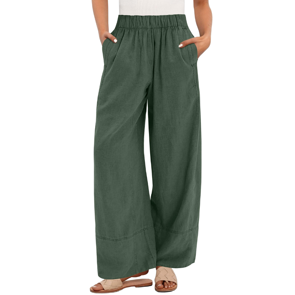 Aurora Pantaloni in Lino Donna – Modello Wide Leg con Vita Elastica e Tasche
