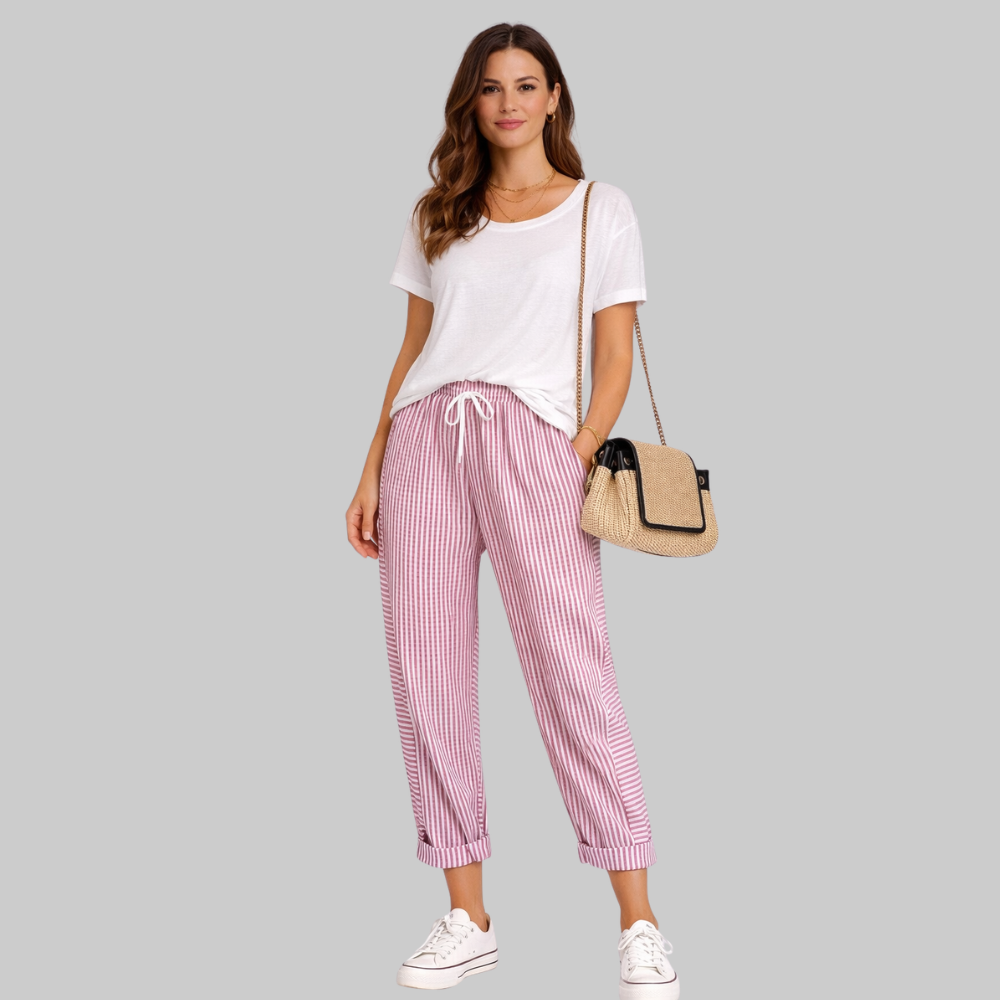 Fairy Pantalones Mujer a Rayas – Pantalones de Verano con Cintura Elástica y Cordón