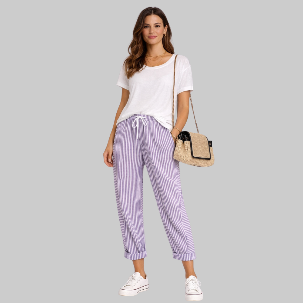 Fairy Pantalones Mujer a Rayas – Pantalones de Verano con Cintura Elástica y Cordón
