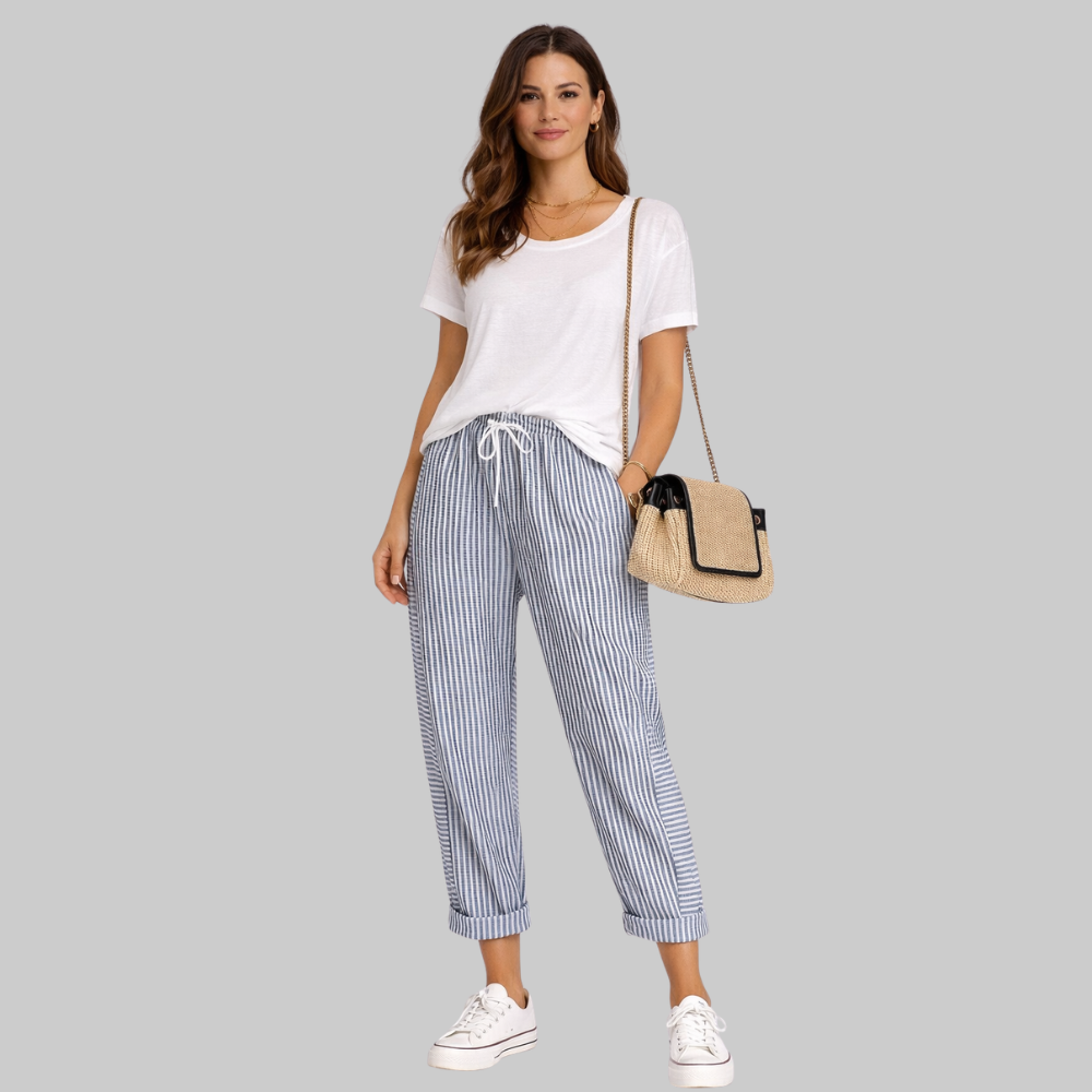 Fairy Pantalones Mujer a Rayas – Pantalones de Verano con Cintura Elástica y Cordón