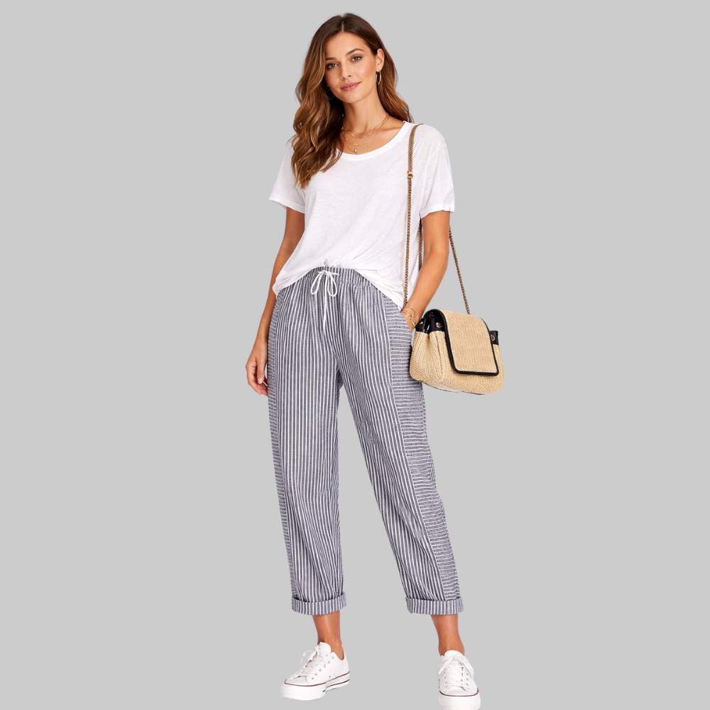 Fairy Pantalones Mujer a Rayas – Pantalones de Verano con Cintura Elástica y Cordón