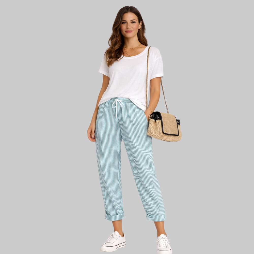 Fairy Pantalones Mujer a Rayas – Pantalones de Verano con Cintura Elástica y Cordón