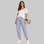 Fairy Pantalon Femme à Rayures – Pantalon Estival avec Taille Élastique et Cordon