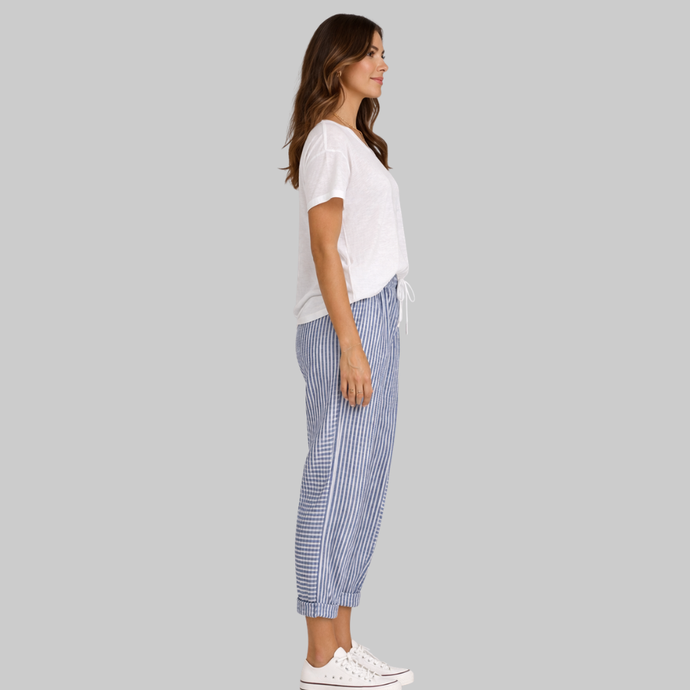 Fairy Pantalon Femme à Rayures – Pantalon Estival avec Taille Élastique et Cordon