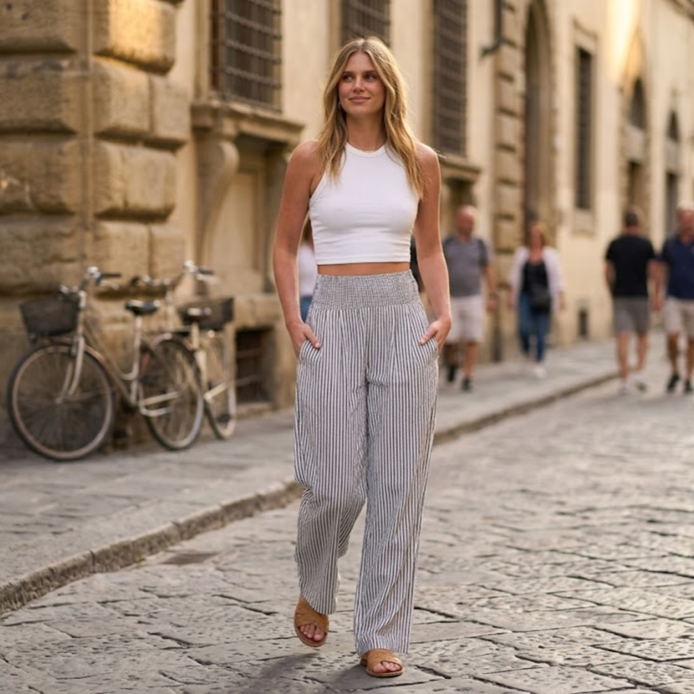 Nova Pantalones Palazzo para Mujer – Modelo de Cintura Alta con Estampado de Rayas y Bolsillos