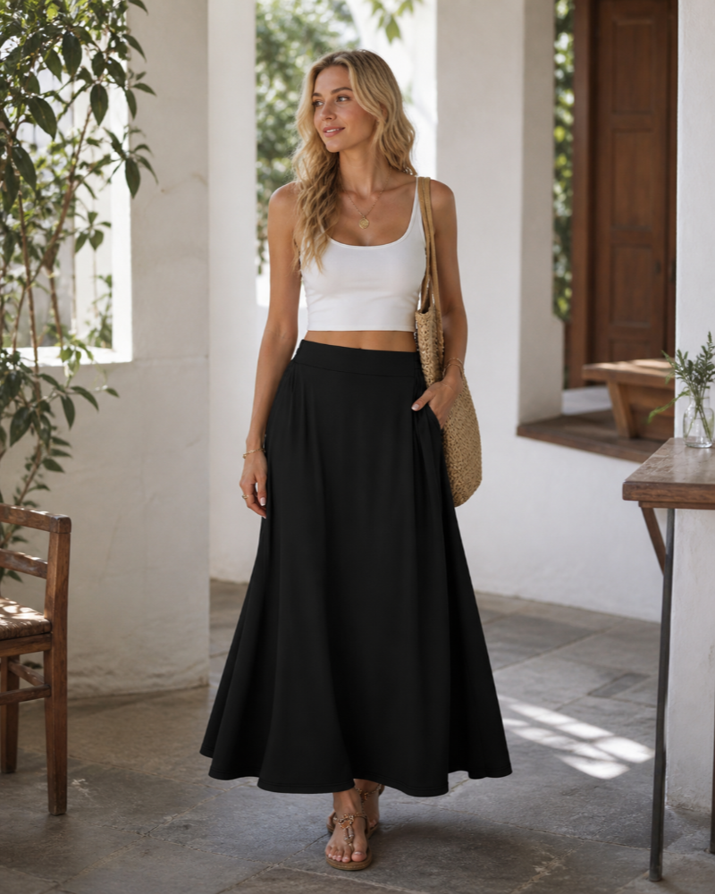Falda larga maxi para mujer Nina – Falda larga fluida de cintura alta con bolsillos