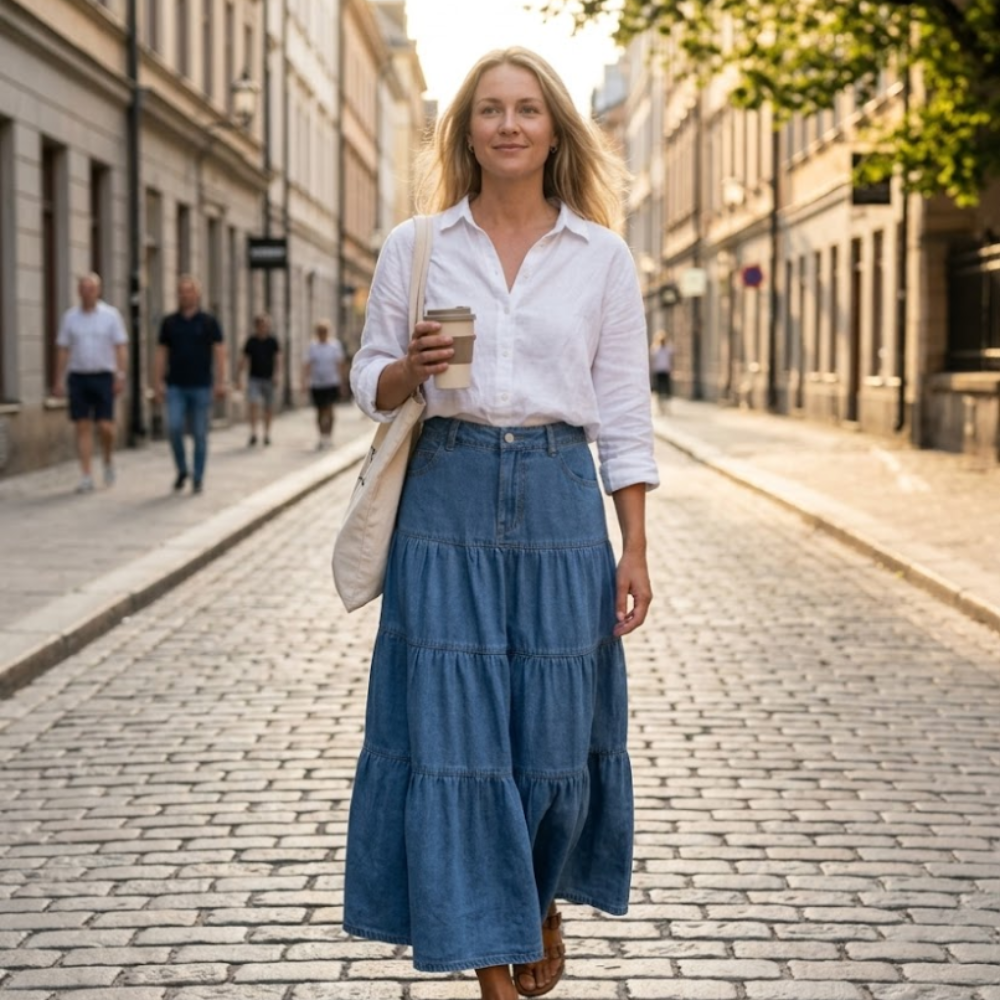 Jupe maxi Verna pour femme en denim – Jupe longue en jean avec volants et poches