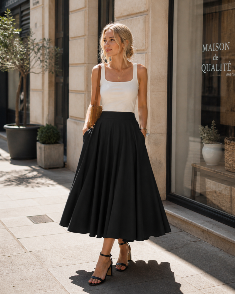 Falda midi de jade para mujer – falda fluida de cintura alta con bolsillos